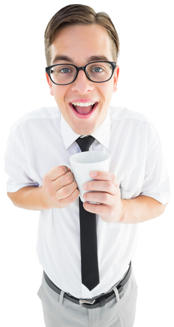 Cheerful Geek Holding Mug with Transparent Background - Download Free Stock Videos Pikwizard.com