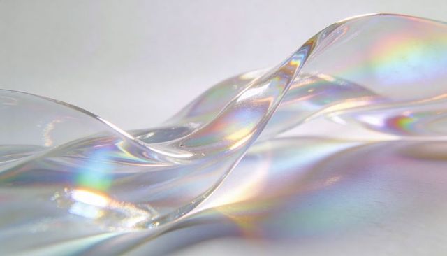Shimmering iridescent ribbon forming prismatic waves on glossy surface abstract macro