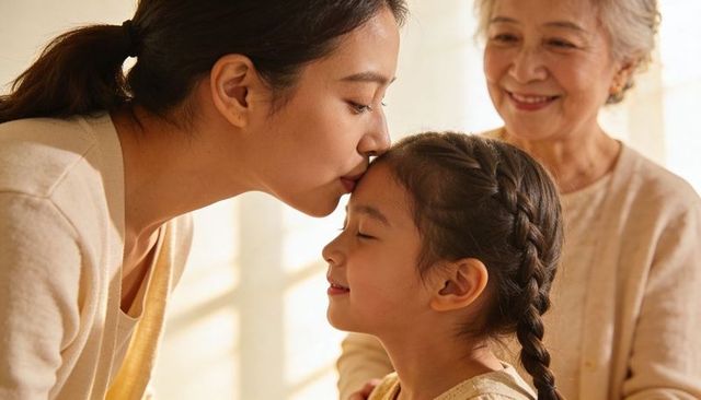 Asian multigenerational family: mother kissing daughter, grandmother smiling in warm sunlight