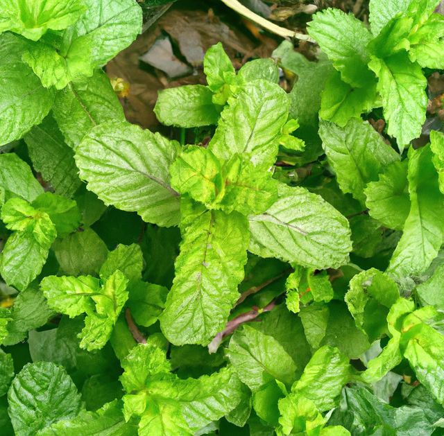 Image of close up of fresh green leaves mint plant with soil background. Plants, herbs and nature concept.