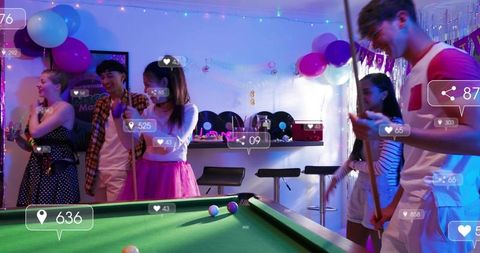 Friends playing pool at neon birthday party with social media reaction overlays