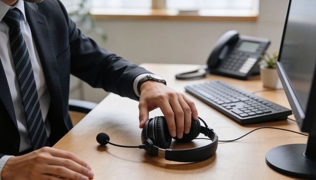 Businessman placing headset on desk near keyboard and phone in modern office workspace