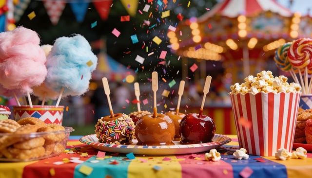 Carnival Sweets Table Brimming with Candy Apples, Cotton Candy, Popcorn and Lollipops