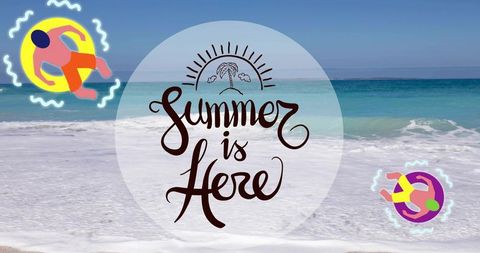 Summer is here hand-lettered beach graphic with tropical ocean, neon inflatable floaters