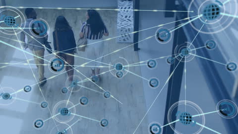 Aerial View of Diverse Students in Digital Network Overlay