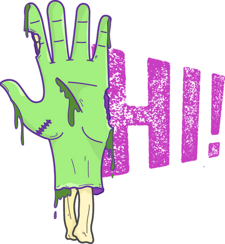 Creepy Cartoon Severed Hand with Purple HI! Text on Transparent Background