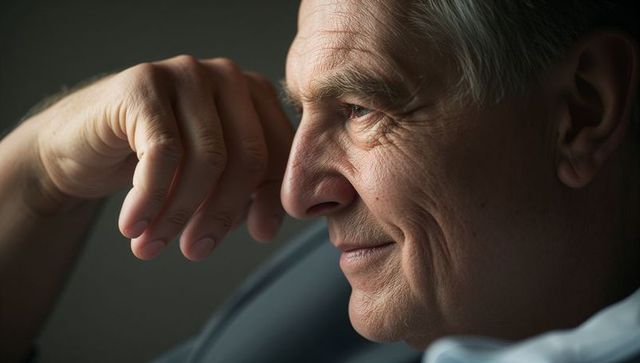 Leaning senior man resting hand on forehead close-up showing thoughtful wrinkles, calm expression