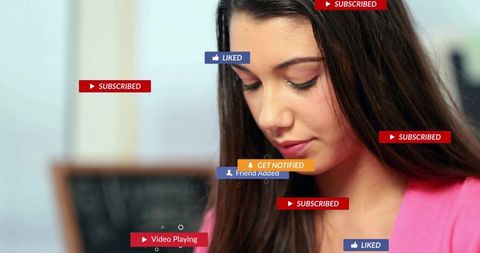 Brunette woman looking down with social media subscribed, liked and notification overlays