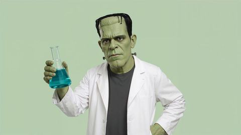 Frankenstein monster in lab coat holding blue flask in science experiment