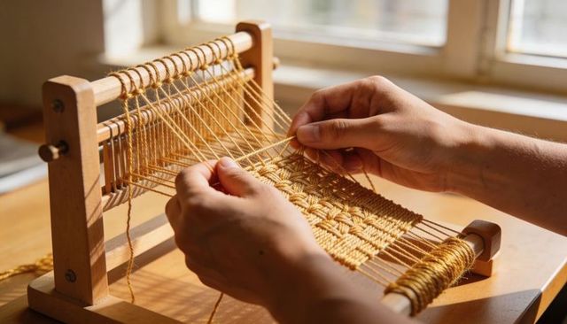 Hands weaving golden yellow yarn on tabletop loom near sunlit window crafting textile