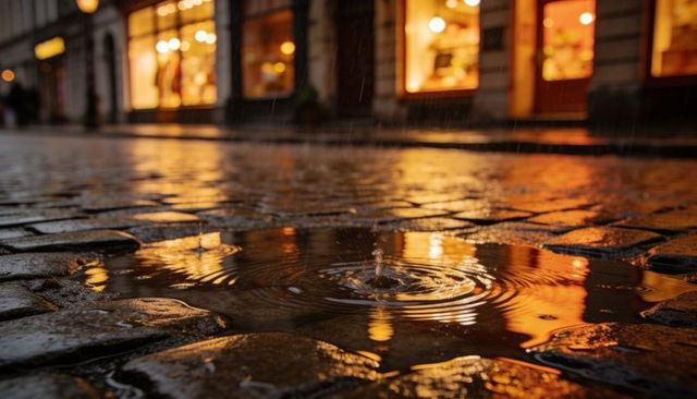 Creating raindrop ripples on wet cobblestone reflecting warm shop lights at night