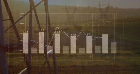 Digital Data Graphs Superimposed on Electricity Pylons