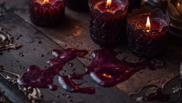 Moody glow of red candles with vintage wax spills
