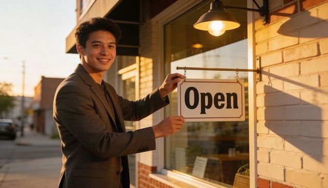 Smiling entrepreneur hanging open sign on storefront during golden hour, welcoming guests
