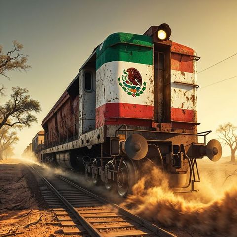 Retro mexican locomotive on dusty desert tracks at sunset