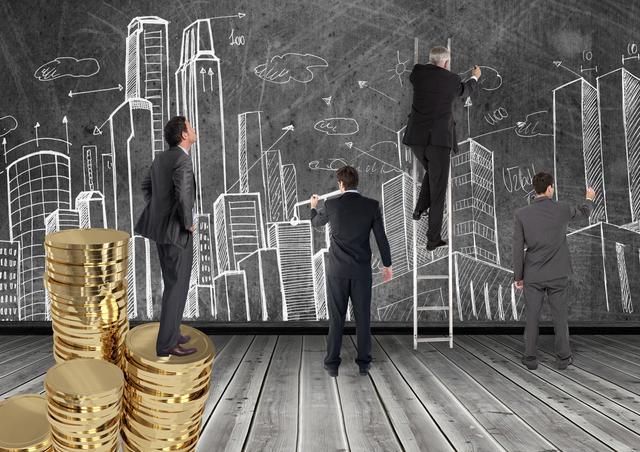 Businesspeople in suits planning urban development on a chalkboard, with skyscrapers and financial growth symbols. One person stands on a ladder, another on a stack of coins, symbolizing financial growth and strategic planning. Ideal for use in business strategy presentations, financial planning materials, and teamwork concepts.