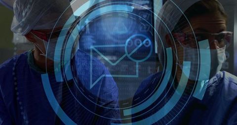 Surgeons in Modern Operating Room with Digital HUD Interface