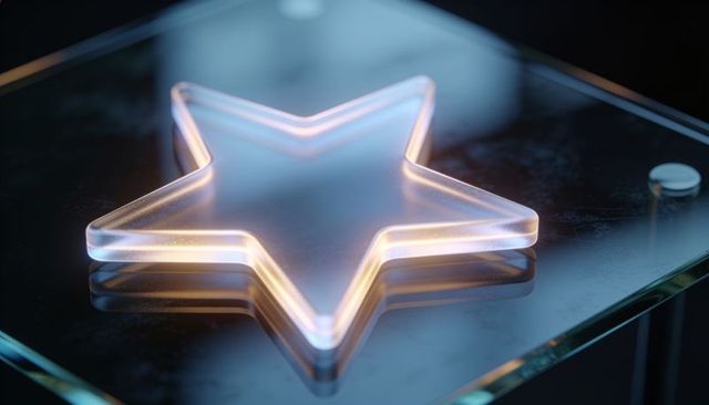 Glowing glass star ornament on beveled glass plate with blue amber rim light and reflection