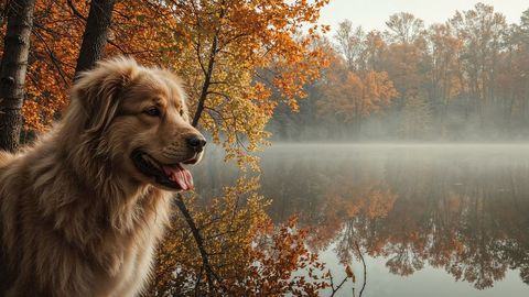 Golden retriever barking dog by misty autumn lake with colorful foliage