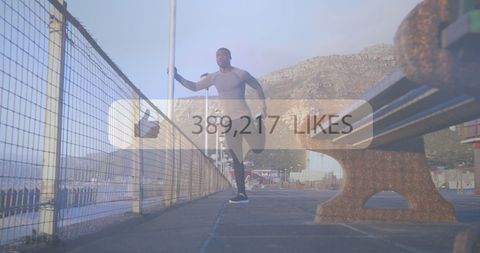 Man Stretching Outdoors with Social Media Icon Overlay