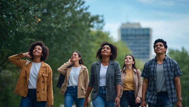 Young diverse friends walking through tree-lined urban park path