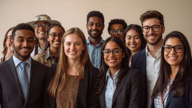 Smiling multicultural corporate team standing together, professional colleagues united