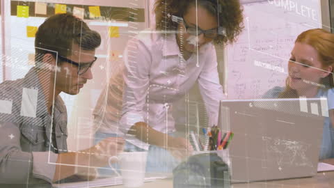 Business Team Collaborating with Digital Interface Animation in Office