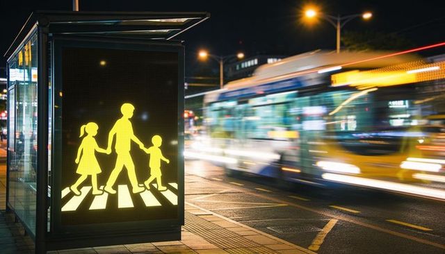 Glowing pedestrian pictogram guiding parent and children crossing at night near bus stop
