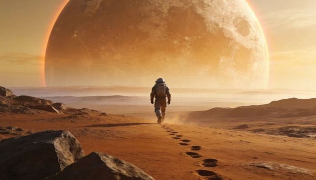 Solo astronaut walking across red planet toward massive cratered moon horizon