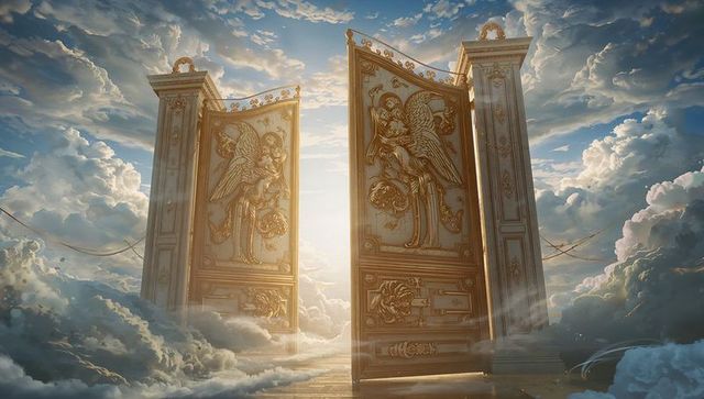 Glowing ornate golden gates standing above clouds with angel reliefs and sunlight