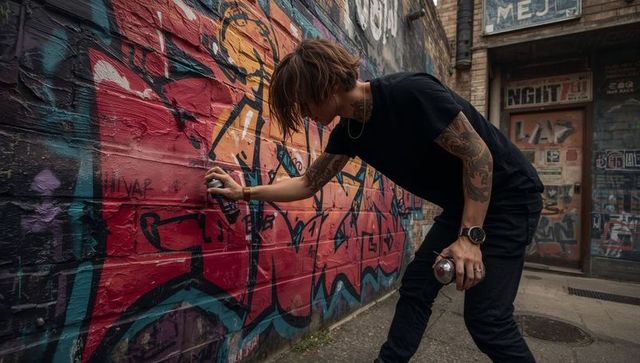 Young tattooed muralist spraying vibrant graffiti on urban brick wall in alley