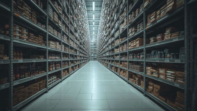 Central aisle leading to vanishing point in warehouse with towering metal shelving and stacked boxes