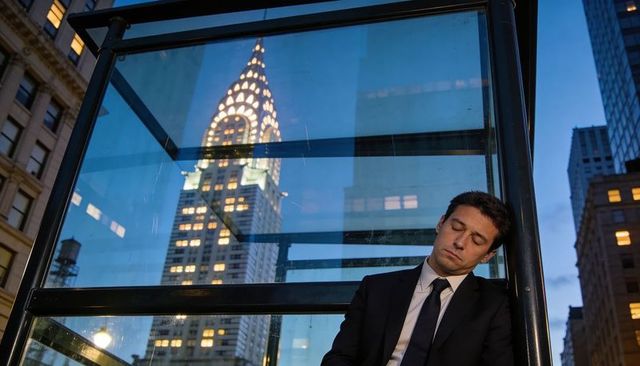 Businessman resting in glass shelter with chrysler building reflection at dusk