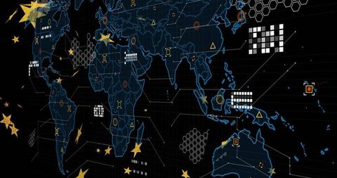 Glowing World Map with Data Icons on Digital Grid Background