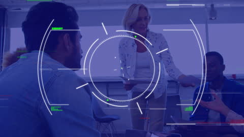 Business professionals engaging in a meeting with digital network graphics, ideal for illustrating concepts of connectivity and collaboration in modern work environments. Suitable for use in business technology presentations, networking seminars, or promotional materials for digital communication tools.