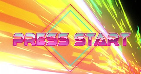 Retro gaming press start sign with neon light effects