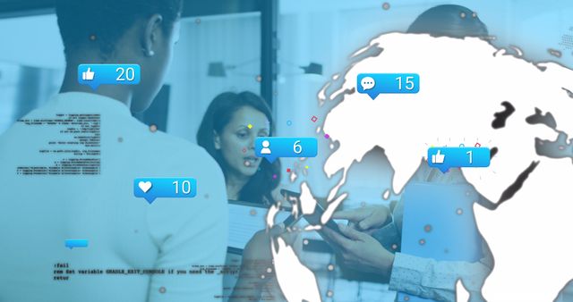 Image of social media reactions and globe over diverse female coworkers in office. Social media, communication, business and technology concept digitally generated image.
