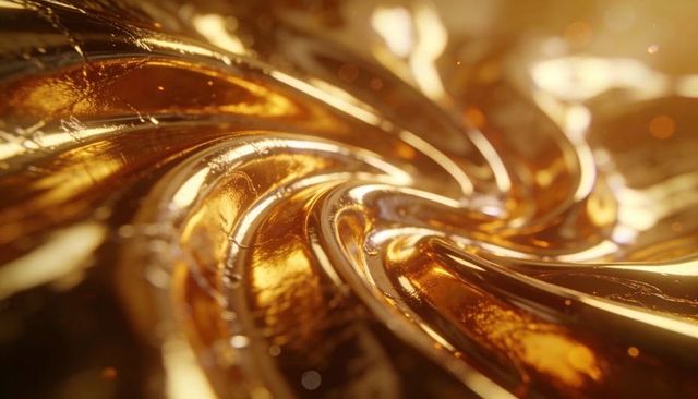 Glowing golden swirl macro abstract with reflective spiral ridges and amber highlights