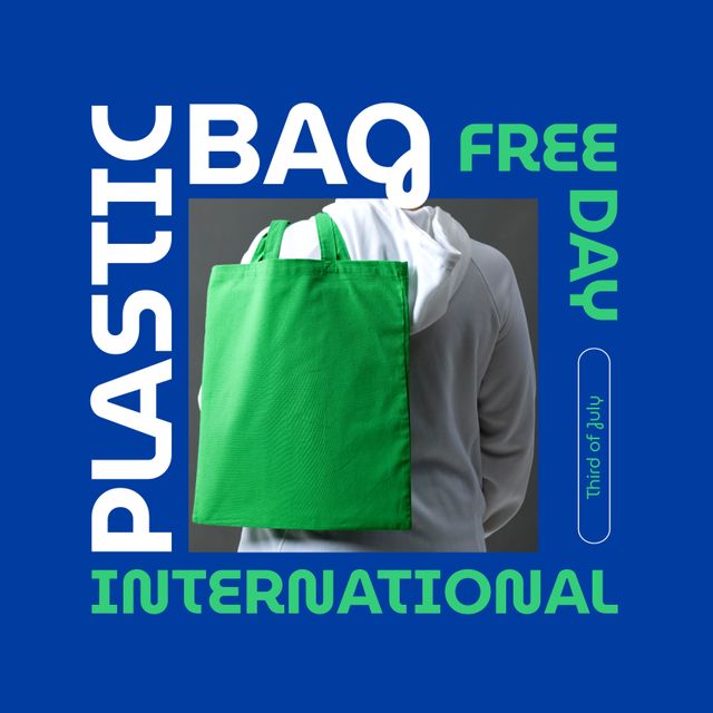 Person seen from the back carrying a green canvas bag on International Plastic Bag Free Day. Perfect for promoting eco-friendly lifestyles, plastic pollution awareness, and sustainable living practices. Ideal for educational materials, environmental campaigns, and social media posts emphasizing the importance of reducing plastic use.