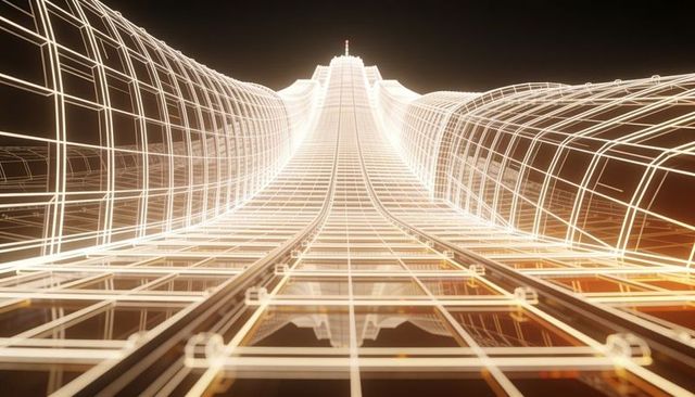 Glowing wireframe skyscraper rising into night sky with futuristic gridlines and antenna