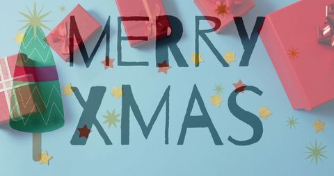 Merry Xmas Overlaid on Gifts and Christmas Tree Graphic - Download Free Stock Images Pikwizard.com