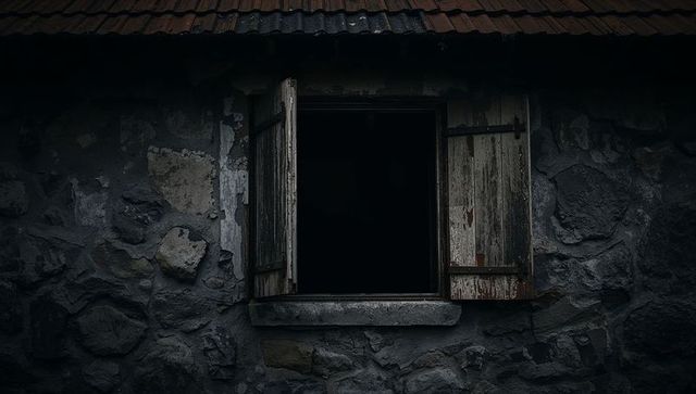 Old rustic stone wall with open wooden shutters creating eerie atmosphere