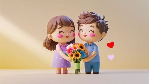Adorable cartoon cute couple sharing bouquet of flowers with heart icons