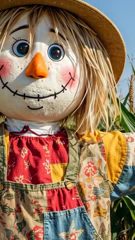 Zooming camera scanning scarecrow puppet in cornfield revealing colorful patchwork overalls