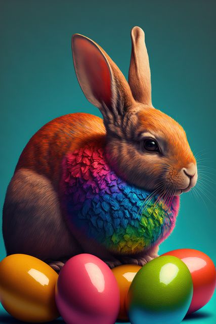 Easter bunny wearing a colorful rainbow scarf sitting among painted Easter eggs. Ideal for Easter greetings, holiday decorations, children's books, seasonal social media posts, and festive advertising.