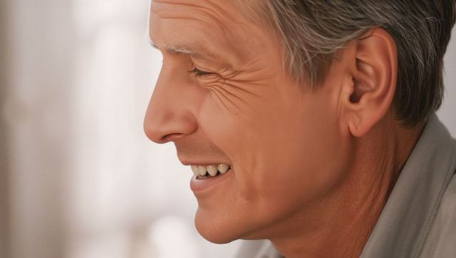Senior man smiling in profile with warm wrinkles and casual gray shirt, soft natural light