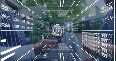 Business professional interacting with holographic ar interface for data collaboration
