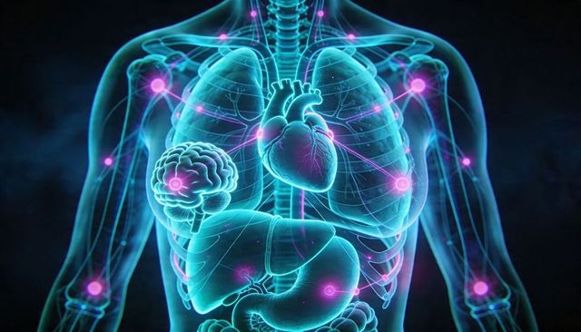 Neon glowing torso showing heart, brain, lungs and organs with neural nodes