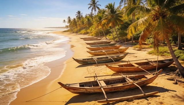 Sunset lined outrigger boats on tropical palm beach with weathered wooden hulls