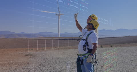 Engineers Analyzing Data with Wind Turbine in Background